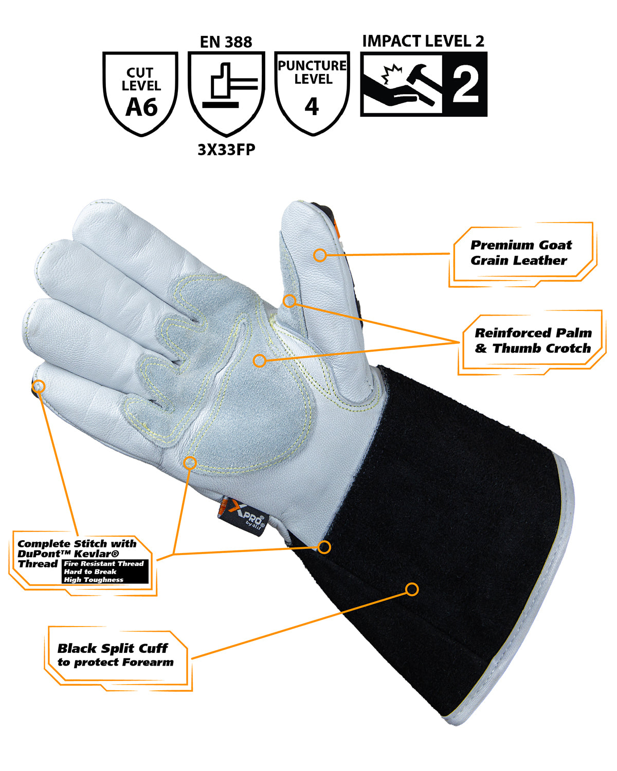 XPRO® 3TNLPRC6 Heavy Duty Tig Welding gloves, Kevlar thread & Lining, Reinforced palm, Impact & Cut Resistant, High visibility