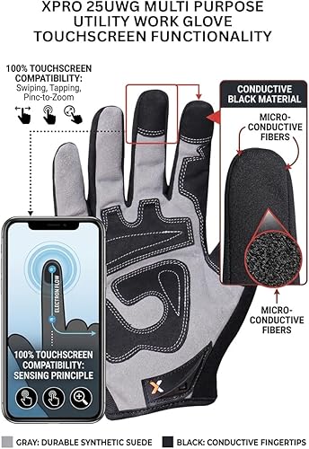 XPRO 25UWG General Utility Work Gloves, Heavy Duty Reinforced Palm, Knuckle Protection, Breathable & Machine Washable, touchscreen functionality for Men & Women