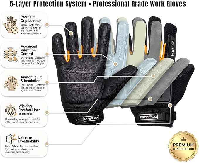 XPRO 16TAV Anti Vibration Impact Resistant Work Gloves, Full Finger, EVA Gel Padding, TPR Protector, Double Stitched, Men