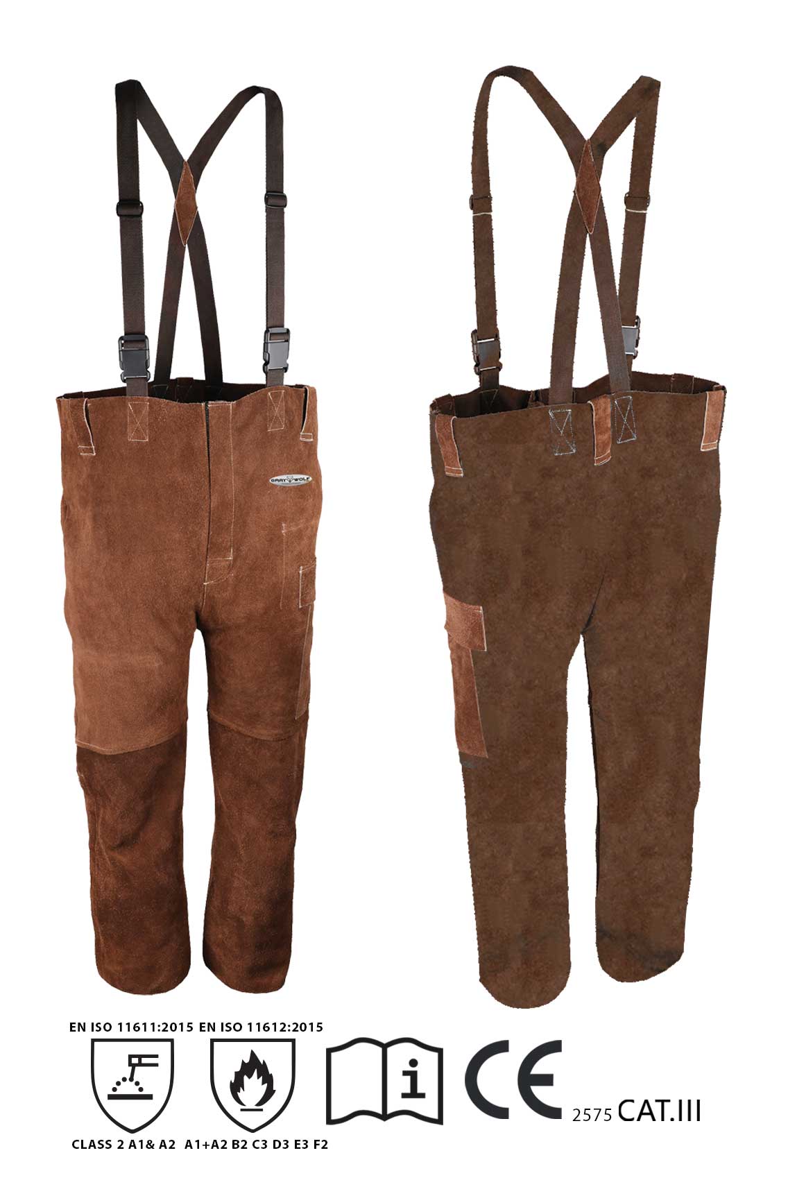 GRAYWOLF BROWN COWHIDE SPLIT LEATHER WELDING BIB TROUSER