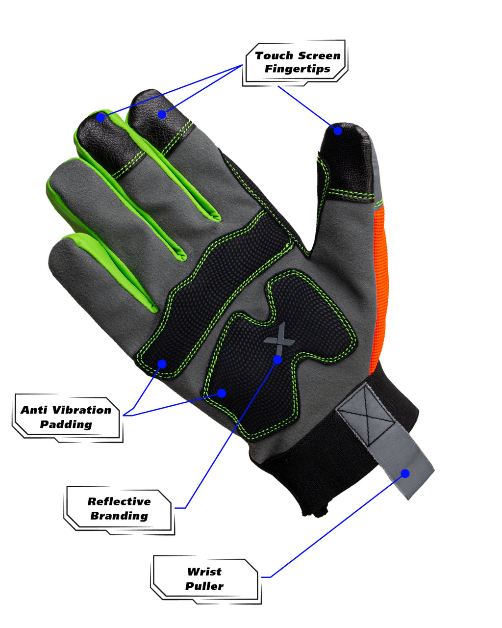 XPRO® 24TSHV Utility Work Gloves, Reflective back glows in dark, Touch Screen, Orange Hi Vis Gloves Flexible Spandex Back