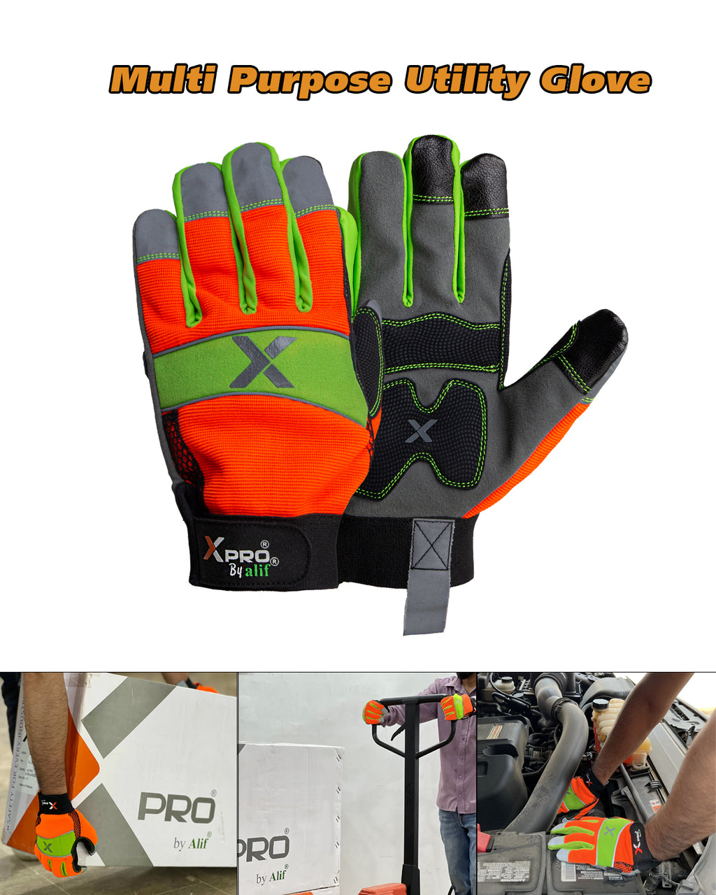 XPRO® 24TSHV Utility Work Gloves, Reflective back glows in dark, Touch Screen, Orange Hi Vis Gloves Flexible Spandex Back
